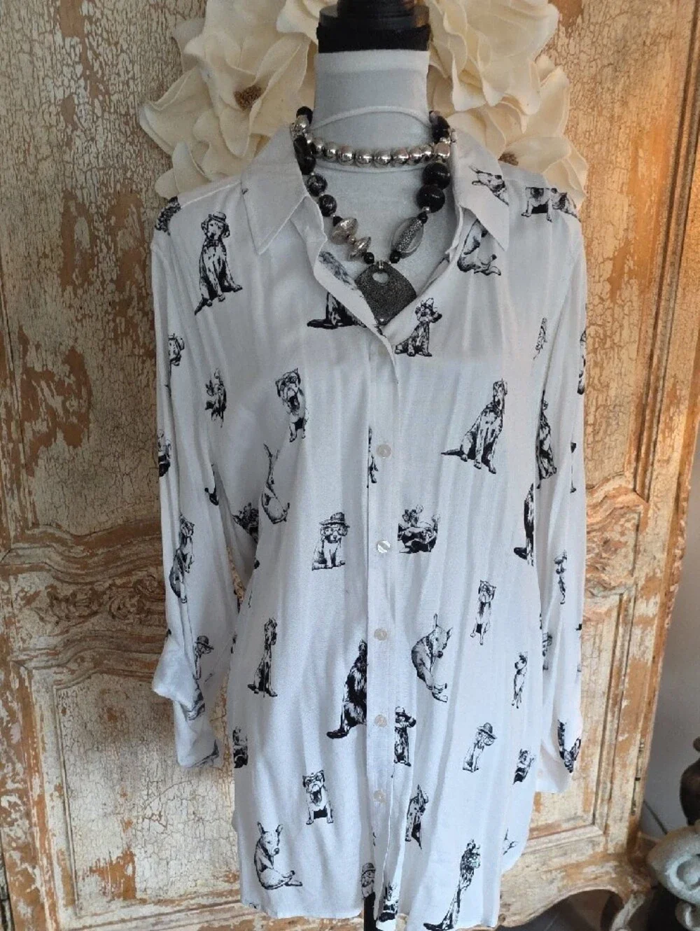 Jane and Delancey White Button-Down Shirt with Black Dog Print - Picture 3 of 8